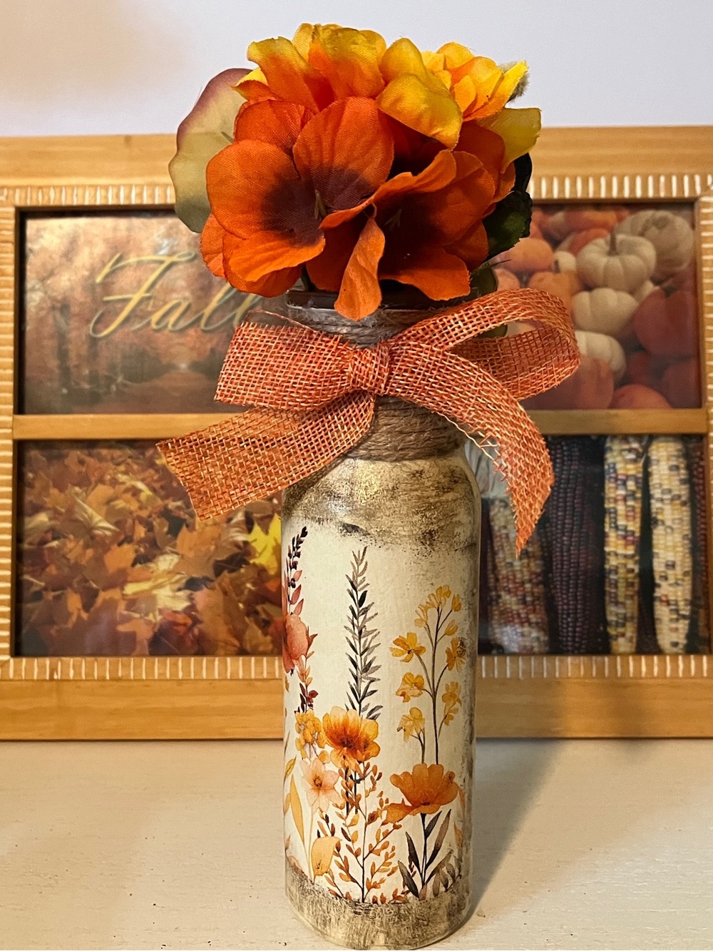 Decorative Orange Floral Bottle Vase with Bow